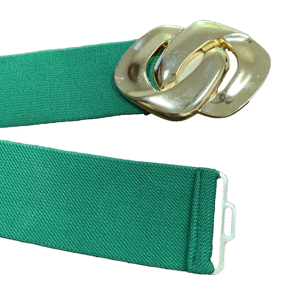 Vintage Bright Green Stretch Belt with Massive Gold Metal Chain Link Buckle 80s